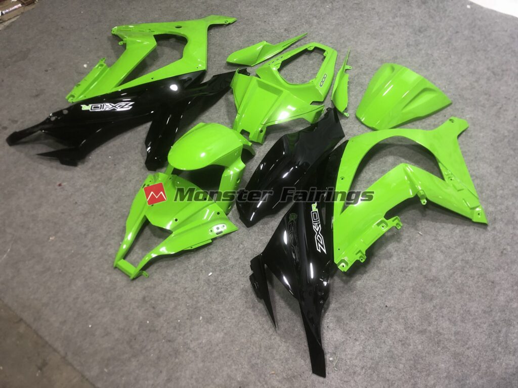 Kawasaki ZX10R custom ABS fairings 2016 - 2020 in Bright Green with Green R - durable replacement kit, Monster Fairings