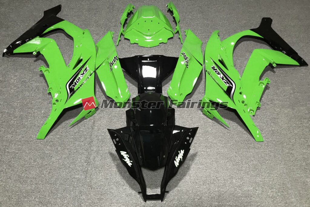 Kawasaki ZX10R 2011 - 2015 Gloss Green Logos ABS fairings - custom motorcycle bodywork kit by Monster Fairings