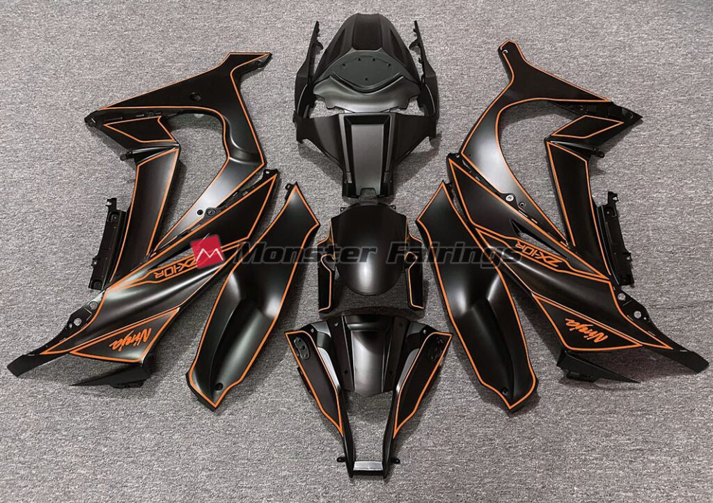 Kawasaki ZX10R 2011 - 2015 Matte Black Orange Lining ABS fairings - custom motorcycle bodywork kit by Monster Fairings