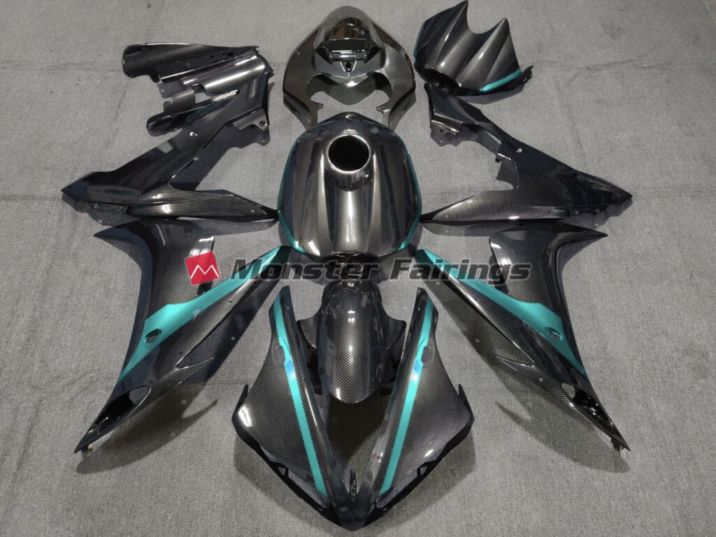 Yamaha R1 2004 - 2006 Carbon Style with Light Blue ABS fairings - custom motorcycle bodywork kit by Monster Fairings