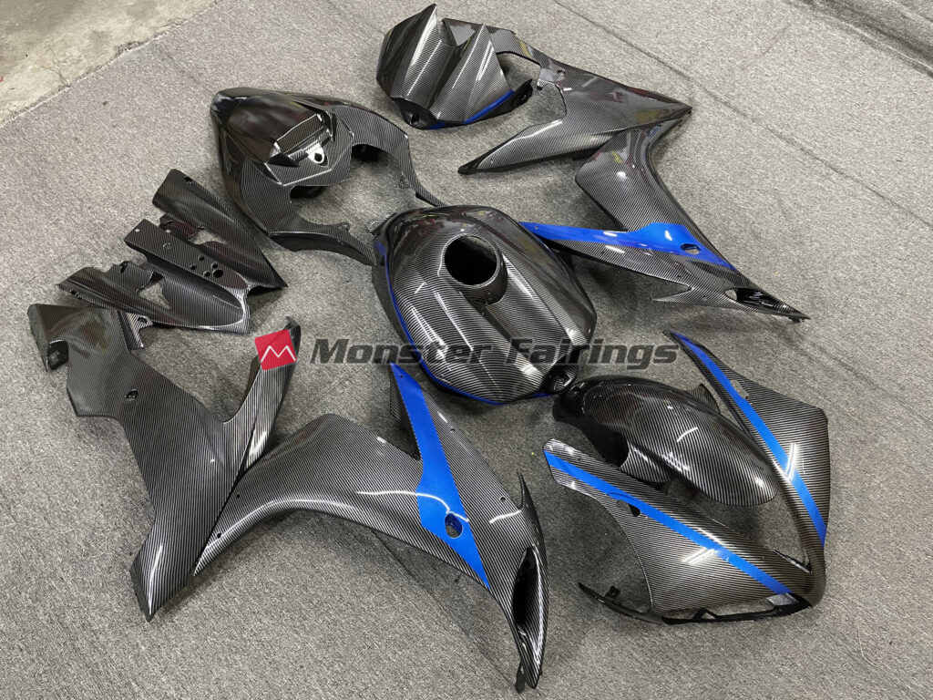 2004 - 2006 Yamaha R1 Carbon Style with Dark Blue fairing set - ABS injection, custom painted by Monster Fairings