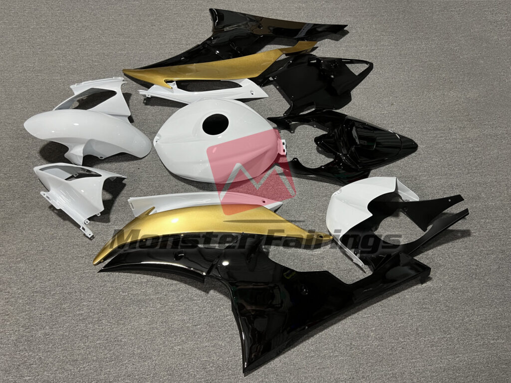 2008 - 2016 Yamaha R6 Gloss White & Black Gold fairing set - ABS injection, custom painted by Monster Fairings