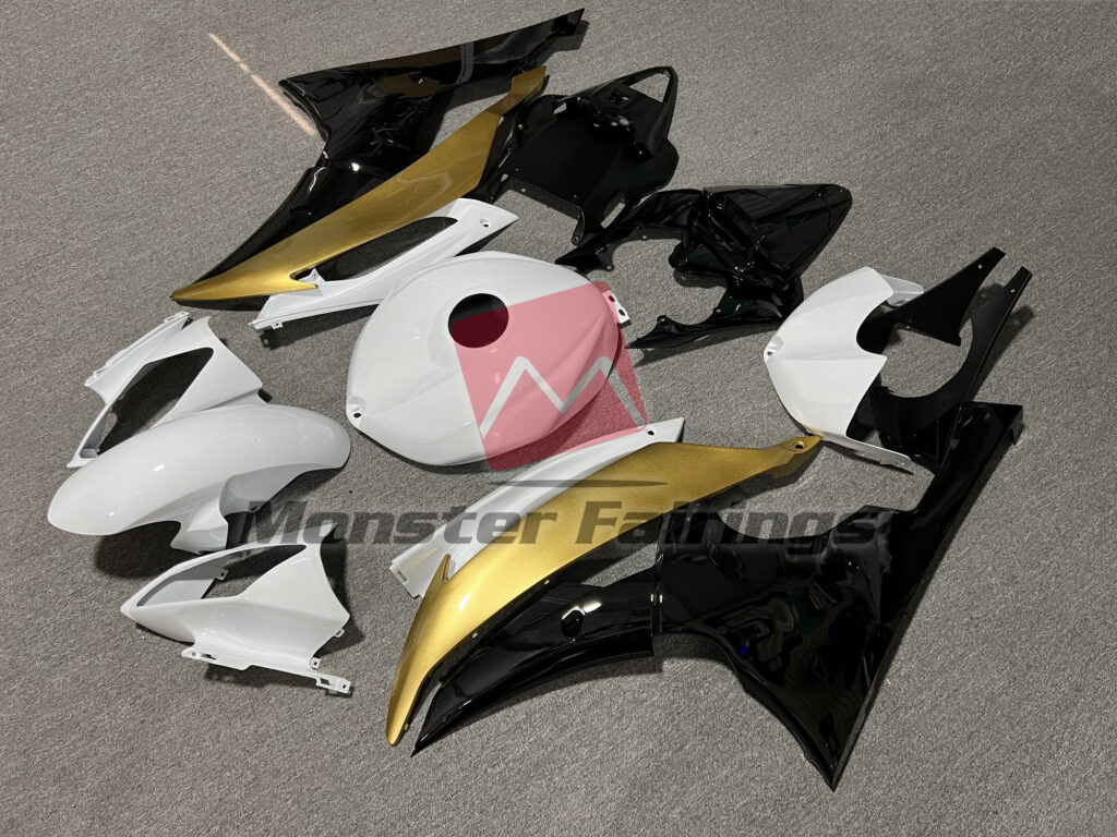 Yamaha R6 custom ABS fairings 2008 - 2016 in Gloss White & Black Gold - durable replacement kit, Monster Fairings