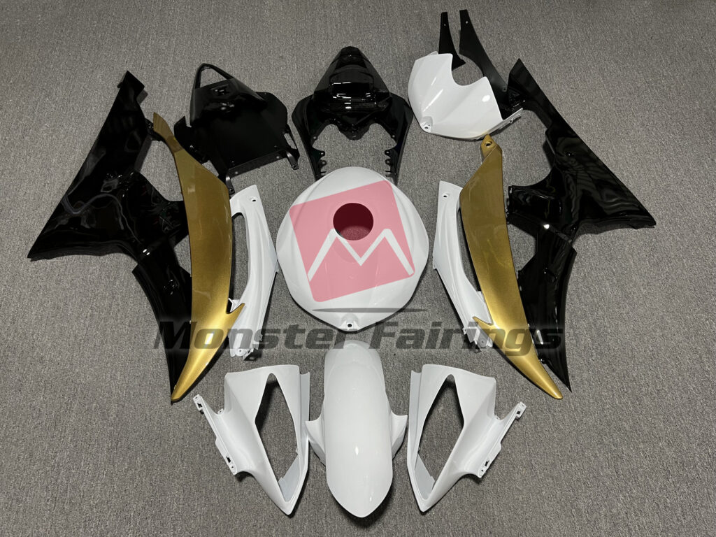Yamaha R6 2008 - 2016 Gloss White & Black Gold ABS fairings - custom motorcycle bodywork kit by Monster Fairings