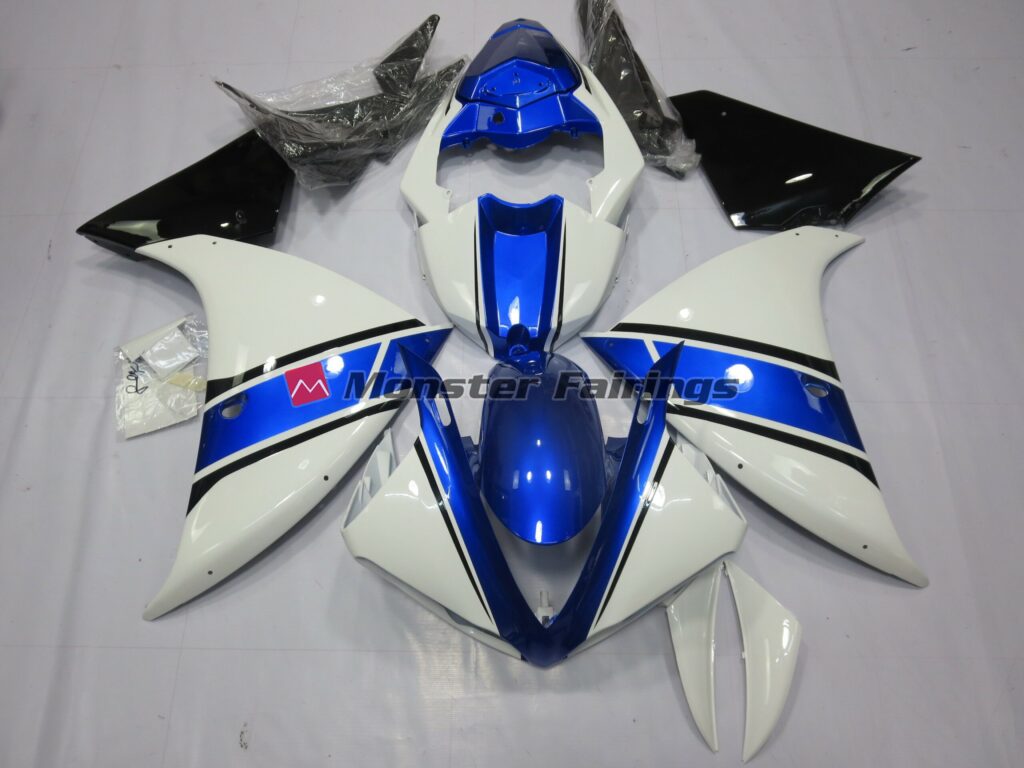 Yamaha R1 2012 - 2014 White and Blue Design ABS fairings - custom motorcycle bodywork kit by Monster Fairings