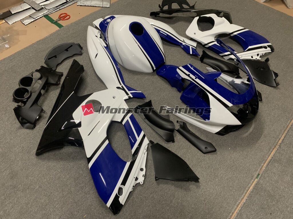 Yamaha YZF600 custom ABS fairings 1998 - 2007 in Dark Blue and White - durable replacement kit, Monster Fairings