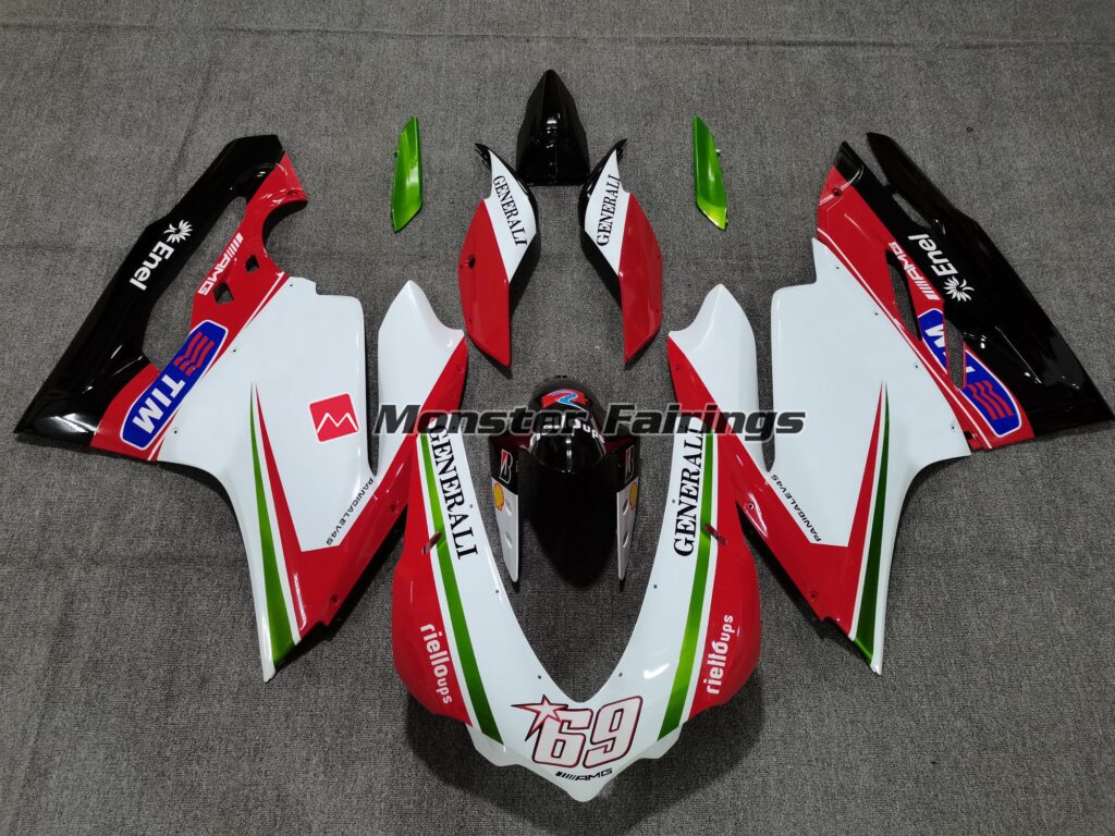 Ducati 959 Gloss White Red Black & Green ABS fairings - custom motorcycle bodywork kit by Monster Fairings