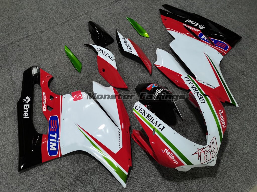 Ducati 959 Gloss White Red Black & Green fairing set - ABS injection, custom painted by Monster Fairings