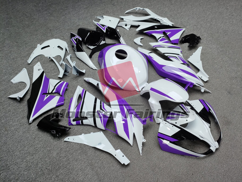 Kawasaki ZX6R custom ABS fairings 2009 - 2012 in Gloss White & Black Purple - durable replacement kit, Monster Fairings