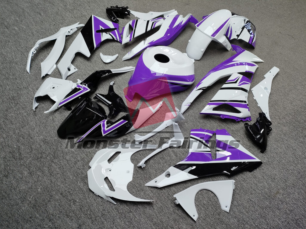 2009 - 2012 Kawasaki ZX6R Gloss White & Black Purple fairing set - ABS injection, custom painted by Monster Fairings