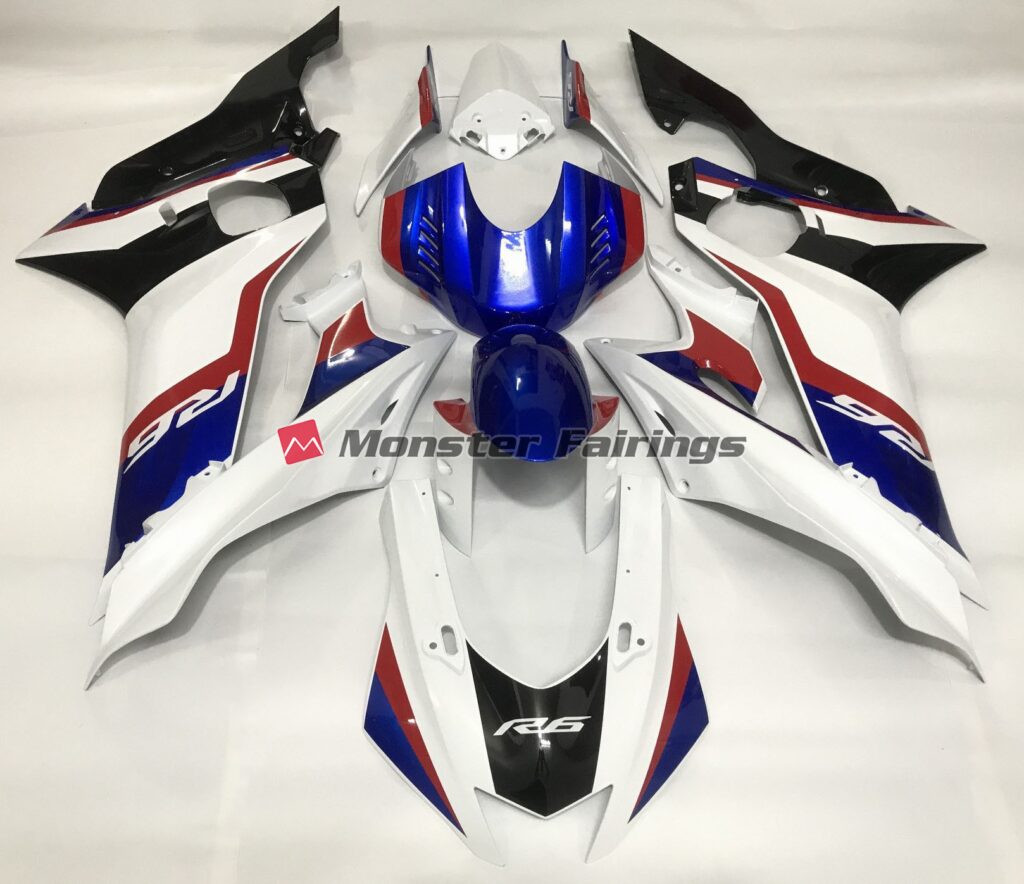 Yamaha R6 2017 - 2022 Gloss White and Deep Blue ABS fairings - custom motorcycle bodywork kit by Monster Fairings