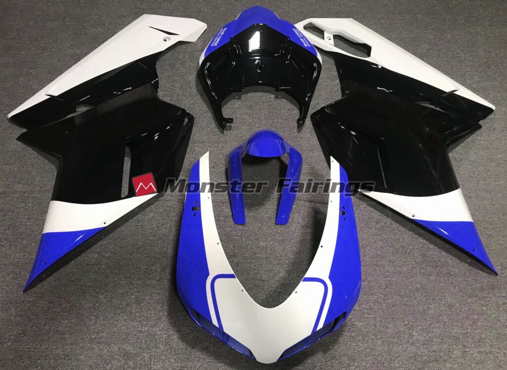 Ducati 848 1098 1198 2007 - 2012 Gloss Blue White Black ABS fairings - custom motorcycle bodywork kit by Monster Fairings