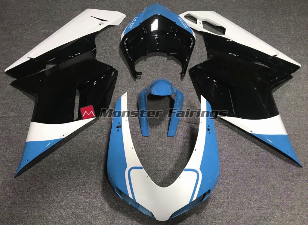 Ducati 848 1098 1198 2007 - 2012 Gloss Light Blue White Black ABS fairings - custom motorcycle bodywork kit by Monster Fairings