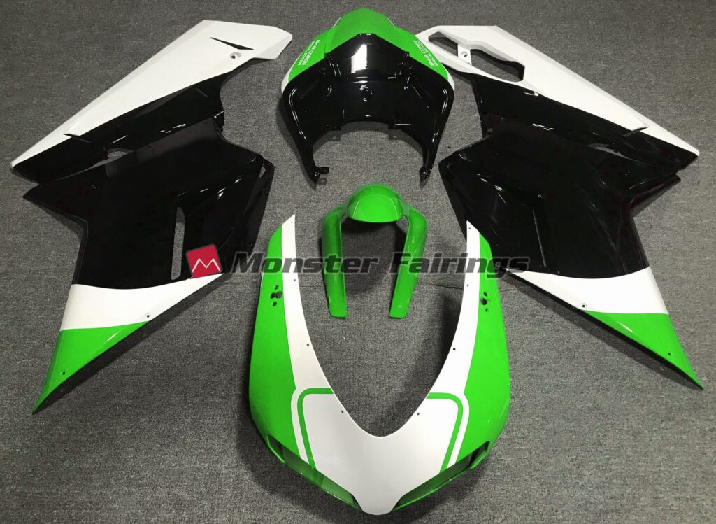 Ducati 848 1098 1198 2007 - 2012 Gloss Green White Black ABS fairings - custom motorcycle bodywork kit by Monster Fairings
