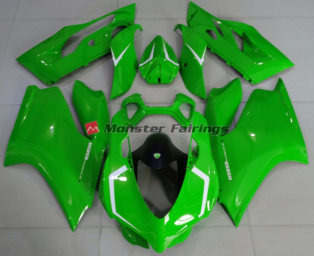 Ducati 1199 Gloss Green White ABS fairings - custom motorcycle bodywork kit by Monster Fairings