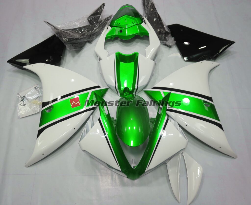Yamaha R1 2009 - 2011 Gloss White Metallic Green ABS fairings - custom motorcycle bodywork kit by Monster Fairings