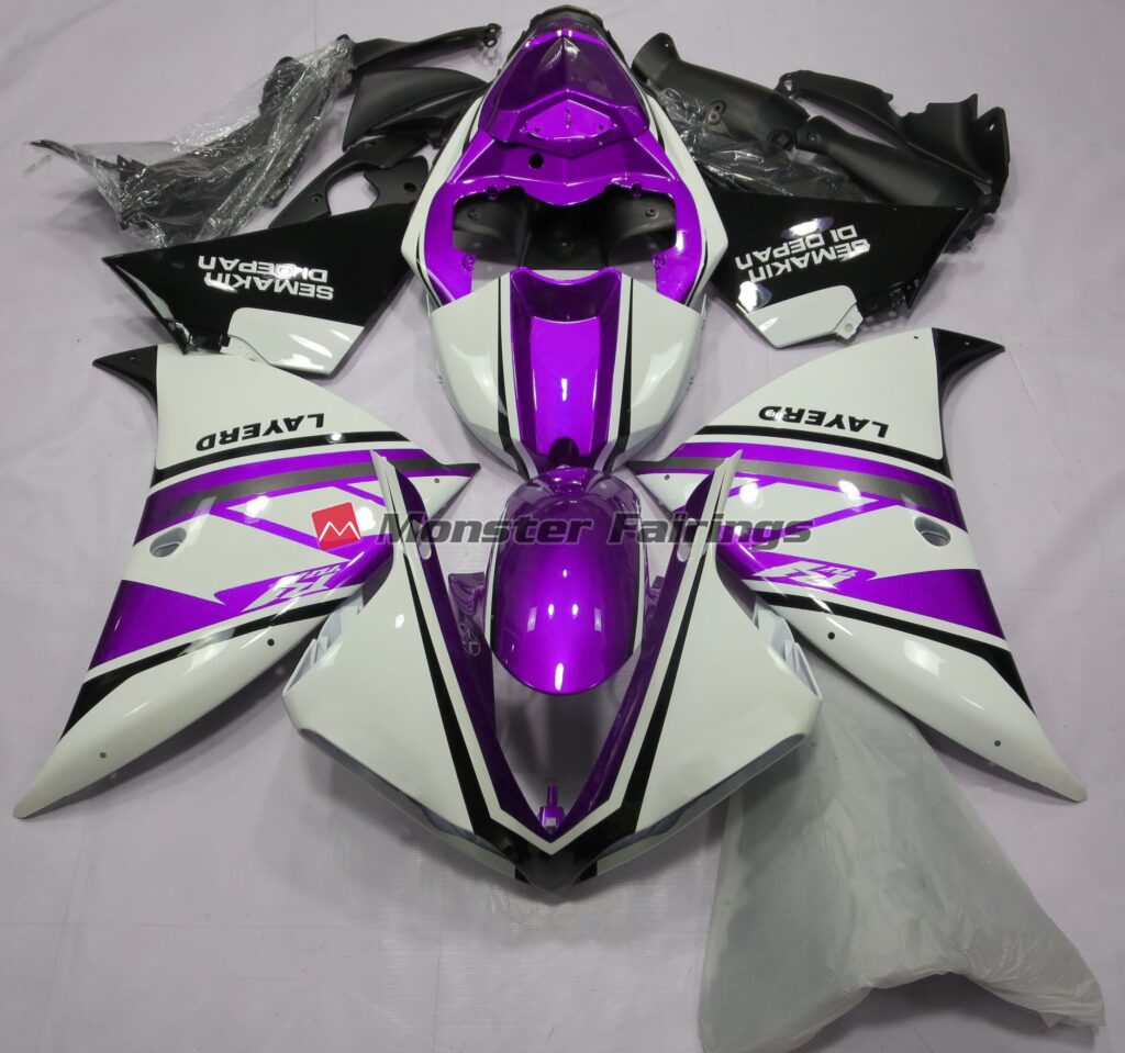 Yamaha R1 2012 - 2014 Gloss White & Purple Black ABS fairings - custom motorcycle bodywork kit by Monster Fairings