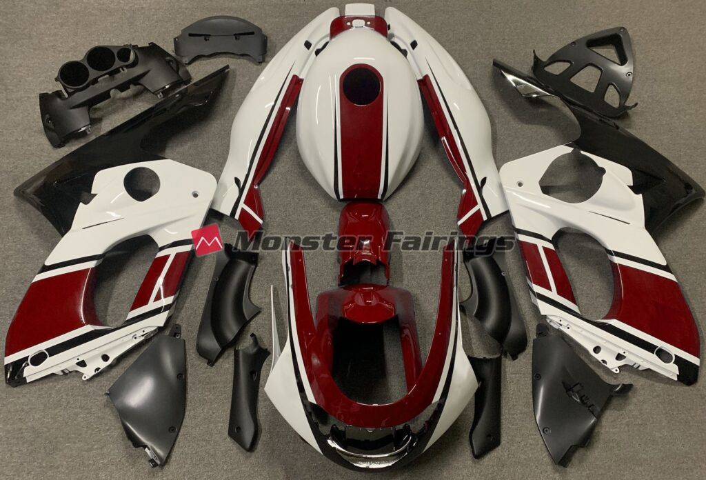 Yamaha YZF600 1998 - 2007 Gloss White Dark Red ABS fairings - custom motorcycle bodywork kit by Monster Fairings
