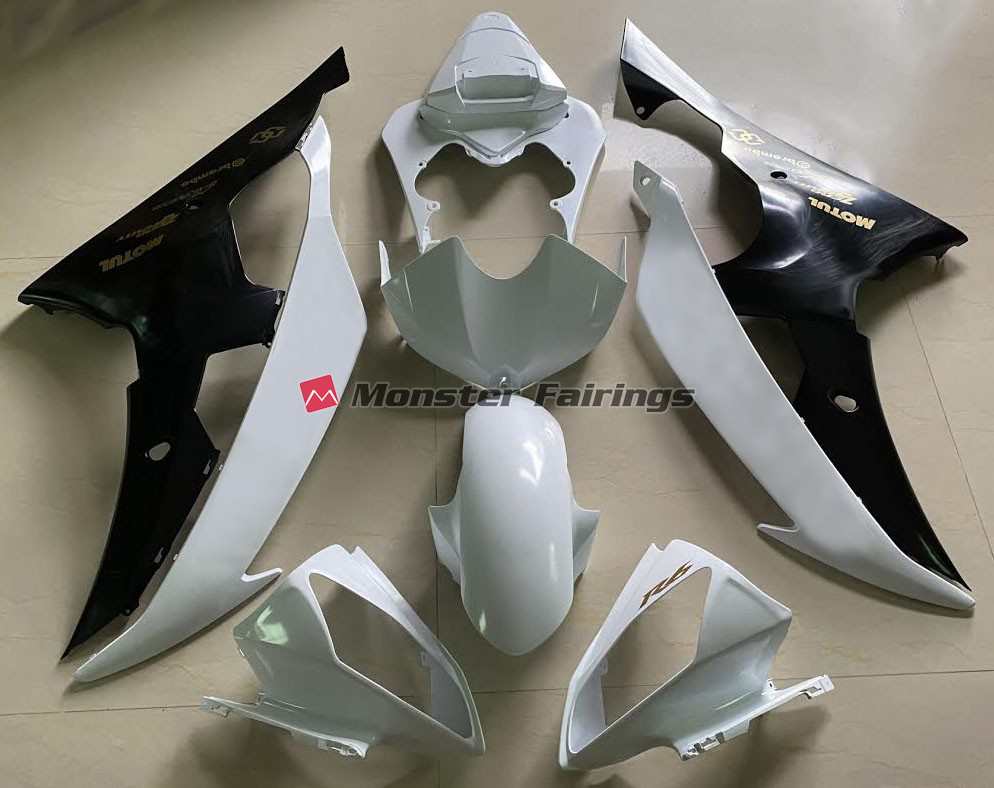 Yamaha R6 2008 - 2016 Gloss White Black Gold ABS fairings - custom motorcycle bodywork kit by Monster Fairings