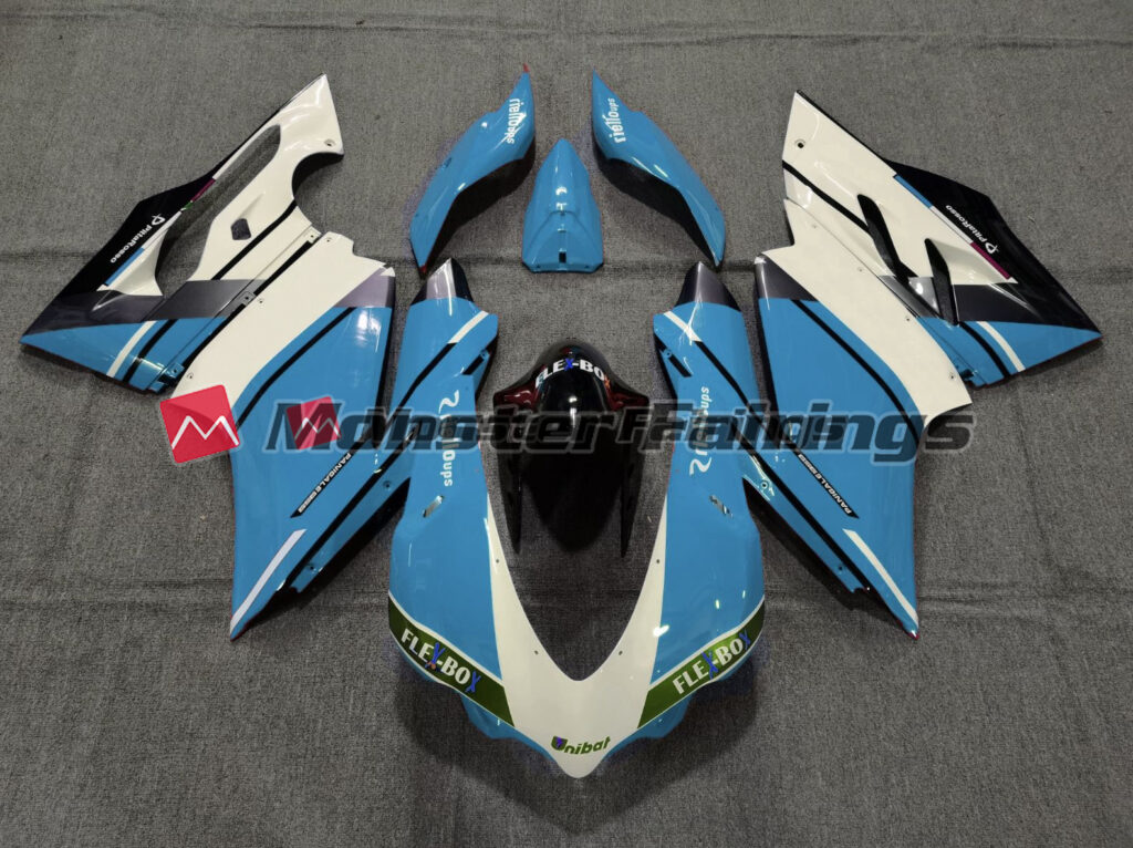 Ducati 959 Gloss Light Blue & White ABS fairings - custom motorcycle bodywork kit by Monster Fairings