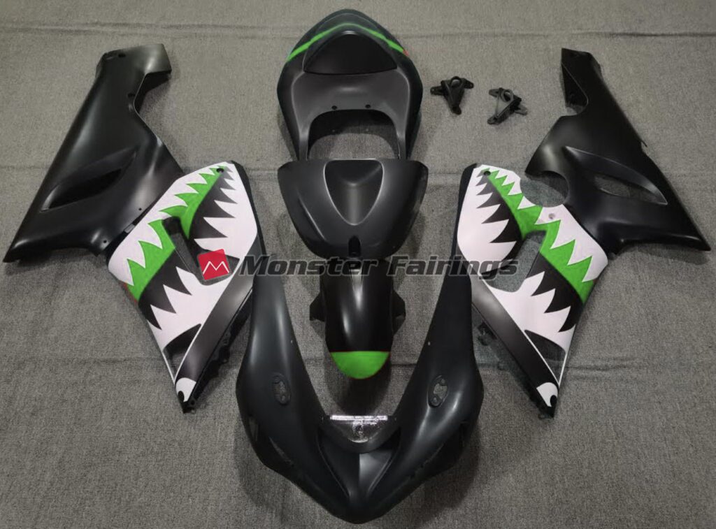Kawasaki ZX6R 2005 - 2006 Black Green Shark ABS fairings - custom motorcycle bodywork kit by Monster Fairings