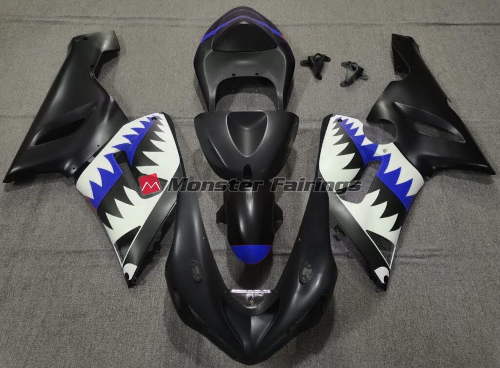 Kawasaki ZX6R 2005 - 2006 Black Blue Shark ABS fairings - custom motorcycle bodywork kit by Monster Fairings