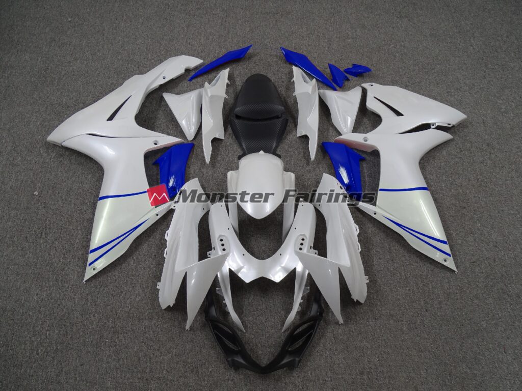 Suzuki GSXR 600 - 750 2011 - 2025 Pearl White Dark Blue ABS fairings - custom motorcycle bodywork kit by Monster Fairings