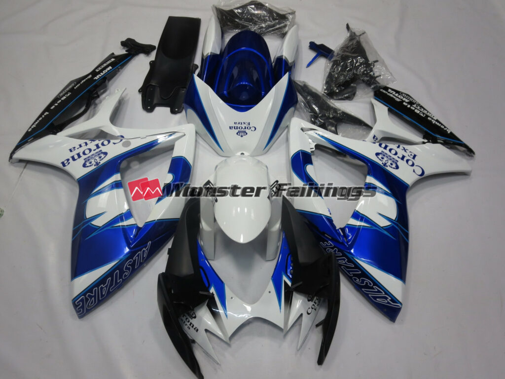 Suzuki GSXR 600 - 750 2006 - 2007 Gloss White & Blue with Black Corona ABS fairings - custom motorcycle bodywork kit by Monster Fairings