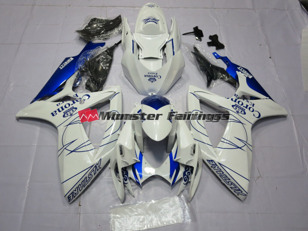 Suzuki GSXR 600 - 750 2006 - 2007 Gloss White and Blue Corona ABS fairings - custom motorcycle bodywork kit by Monster Fairings