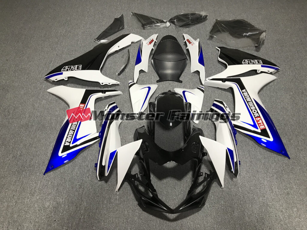 Suzuki GSXR 600 - 750 2011 - 2025 Gloss White & Blue with Black ABS fairings - custom motorcycle bodywork kit by Monster Fairings