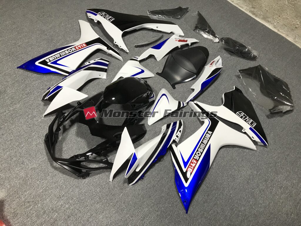 Suzuki GSXR custom ABS fairings 2011 - 2025 in Gloss White & Blue with Black - durable replacement kit, Monster Fairings