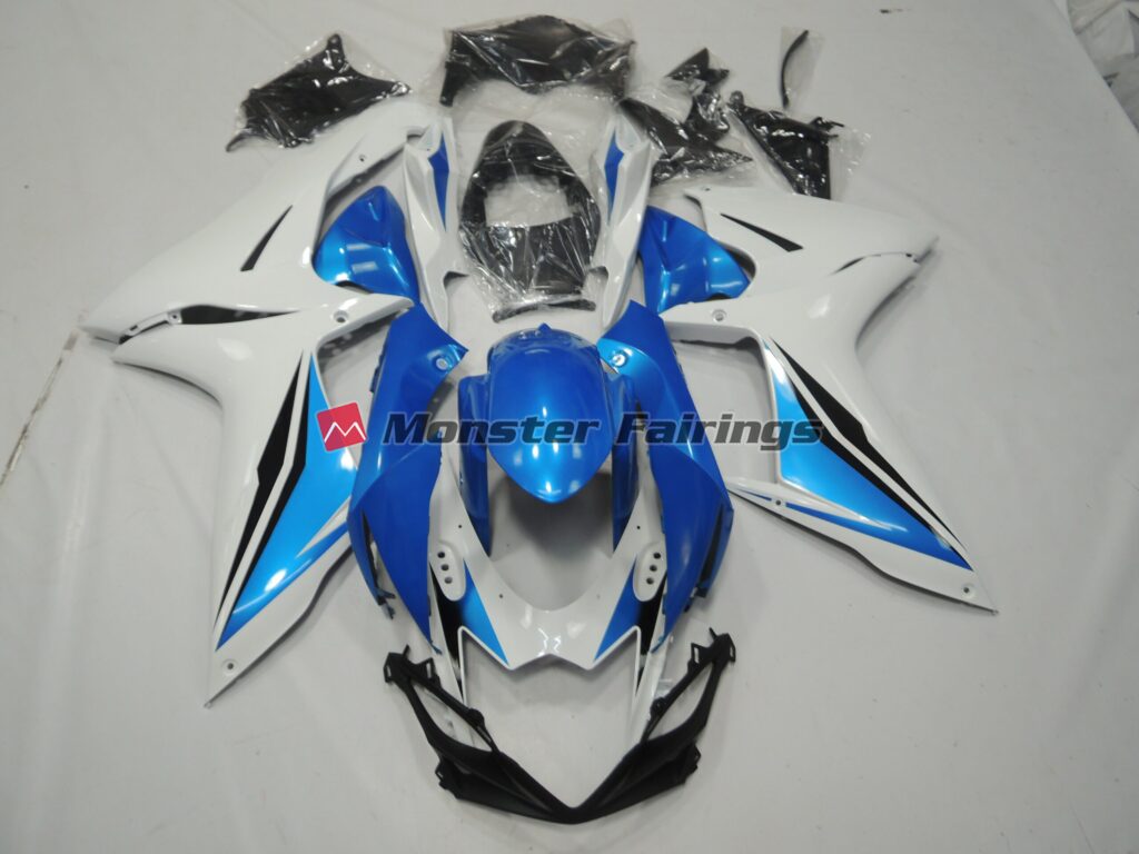 Suzuki GSXR 600 - 750 2011 - 2025 Gloss White & Metallic Blue with Black ABS fairings - custom motorcycle bodywork kit by Monster Fairings