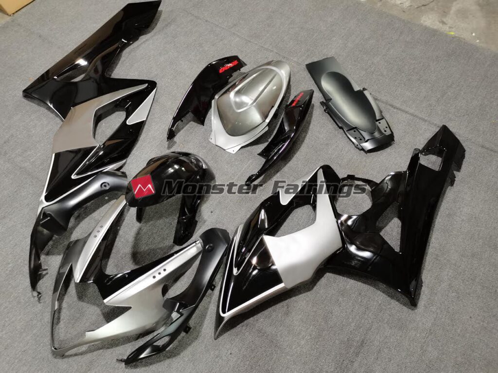 Suzuki GSXR custom ABS fairings 2005 - 2006 in Gloss Silver with Black - durable replacement kit, Monster Fairings