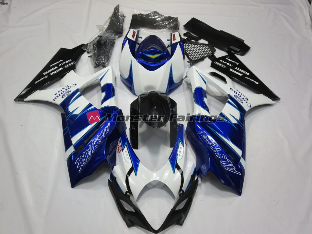 Suzuki GSXR 1000 2007 - 2008 Gloss White & Blue Corona ABS fairings - custom motorcycle bodywork kit by Monster Fairings