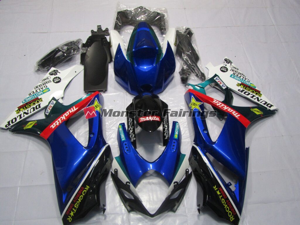 Suzuki GSXR 1000 2007 - 2008 Gloss Blue, White & Black Dunlop ABS fairings - custom motorcycle bodywork kit by Monster Fairings
