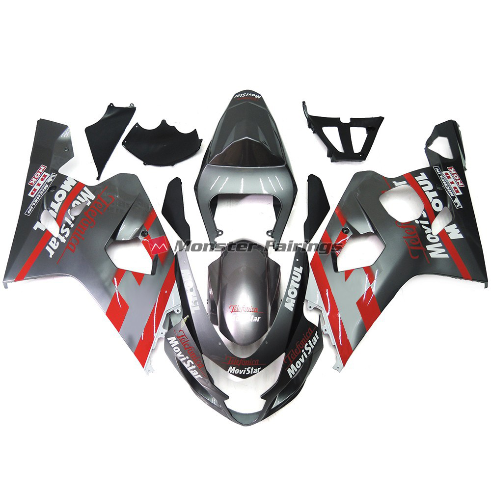 Suzuki GSXR 600 - 750 2004 - 2005 Gloss Silver & Red MoviStar ABS fairings - custom motorcycle bodywork kit by Monster Fairings