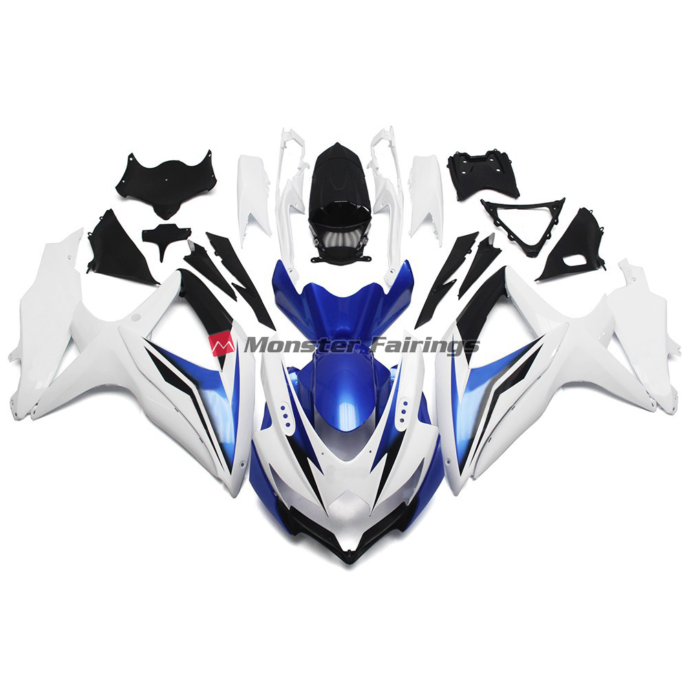 Suzuki GSXR 600 - 750 2008 - 2010 Gloss White with Silver and Blue ABS fairings - custom motorcycle bodywork kit by Monster Fairings