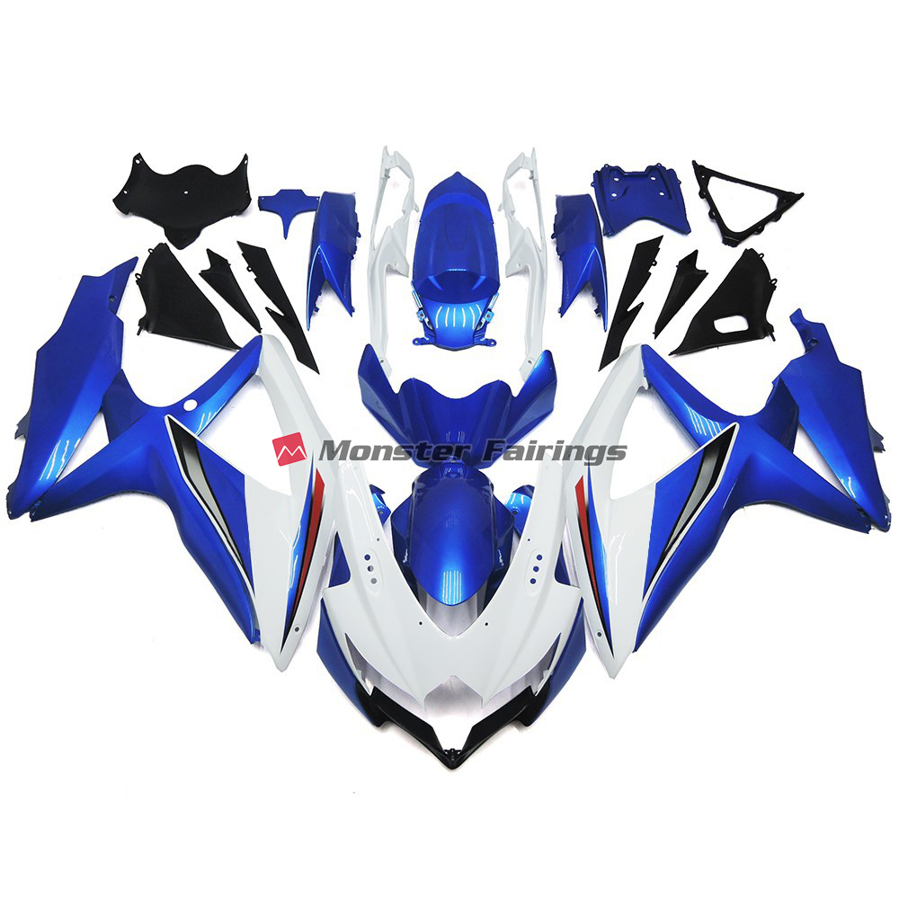 Suzuki GSXR 600 - 750 2008 - 2010 Shining Gloss White with Silver and Blue ABS fairings - custom motorcycle bodywork kit by Monster Fairings