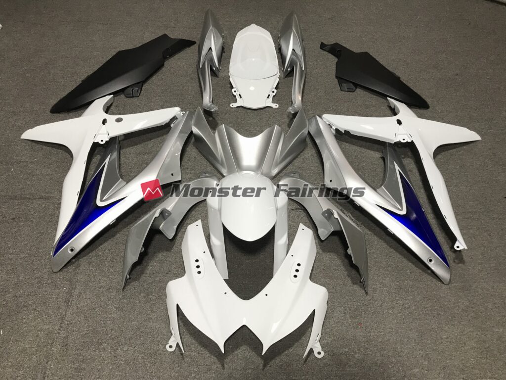 Suzuki GSXR 600 - 750 2008 - 2010 Gloss White with Silver and Blue Matte Black Lower ABS fairings - custom motorcycle bodywork kit by Monster Fairings