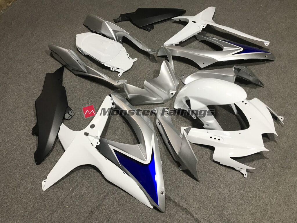 Gloss White with Silver and Blue Matte Black Lower ABS fairings for Suzuki GSXR 600 - 750 2008 - 2010 - premium OEM fit kit by Monster Fairings