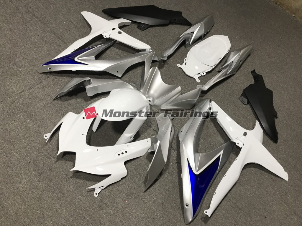 Suzuki GSXR custom ABS fairings 2008 - 2010 in Gloss White with Silver and Blue Matte Black Lower - durable replacement kit, Monster Fairings