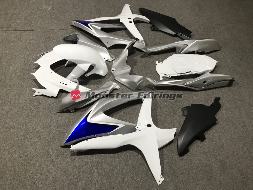 2008 - 2010 Suzuki GSXR Gloss White with Silver and Blue Matte Black Lower fairing set - ABS injection, custom painted by Monster Fairings