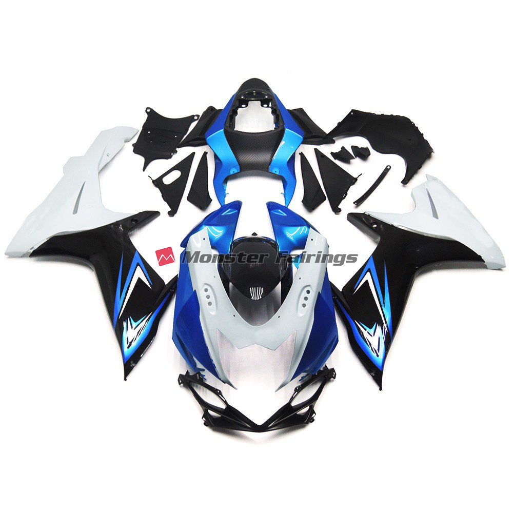 Suzuki GSXR 600 - 750 2011 - 2025 Gloss White & Black with Blue ABS fairings - custom motorcycle bodywork kit by Monster Fairings