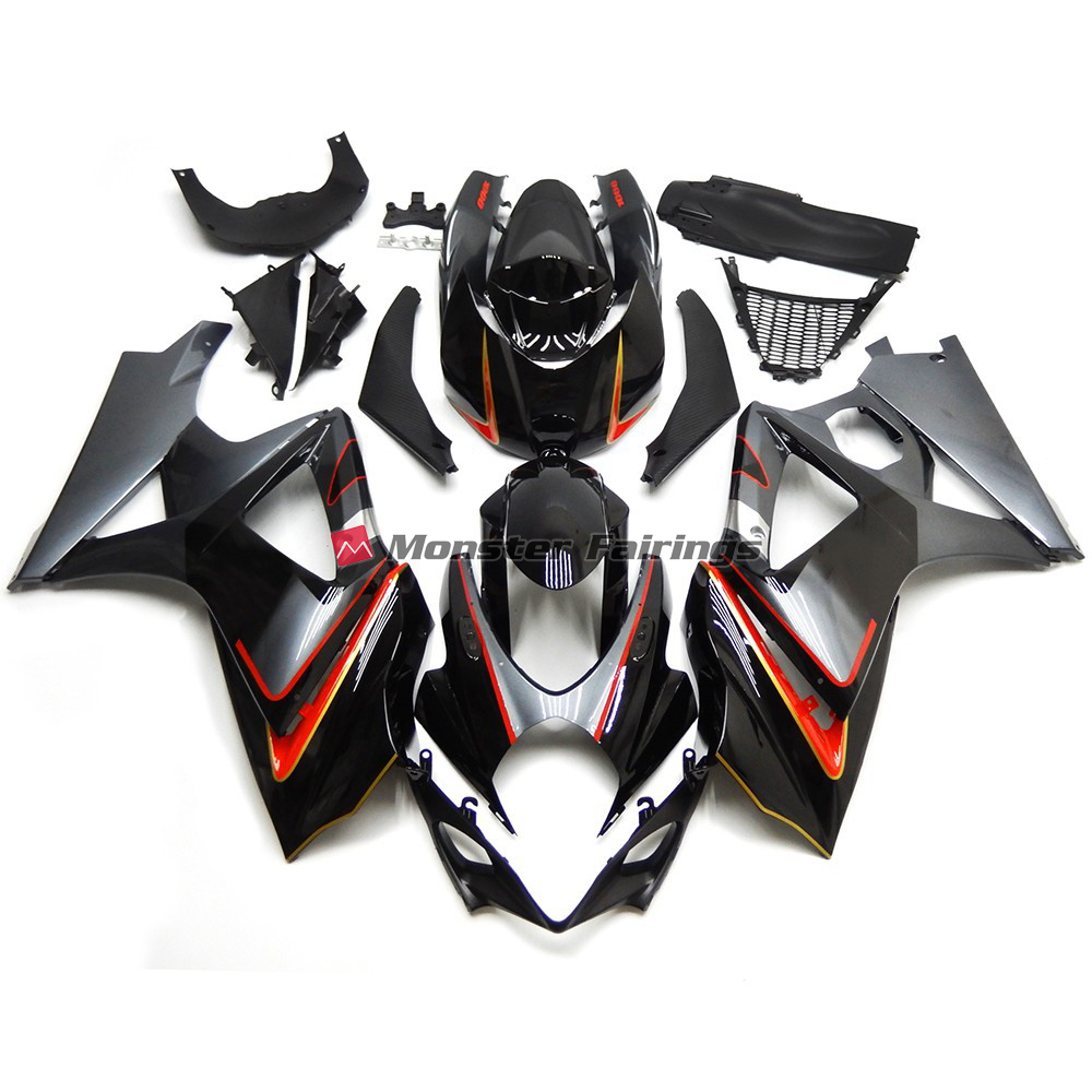 Suzuki GSXR 1000 2007 - 2008 Gloss Silver & Black ABS fairings - custom motorcycle bodywork kit by Monster Fairings