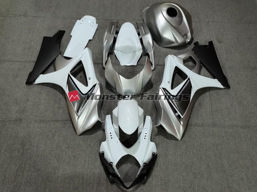 Suzuki GSXR 1000 2007 - 2008 Gloss Silver, White & Black ABS fairings - custom motorcycle bodywork kit by Monster Fairings