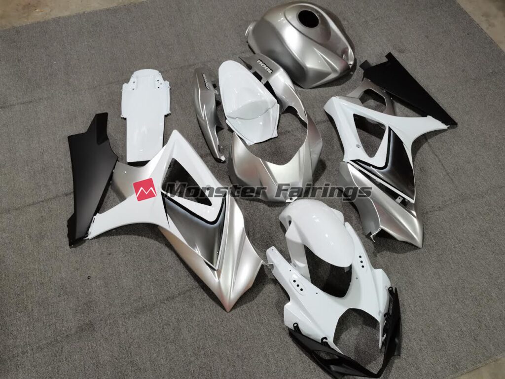 Suzuki GSXR 1000 custom ABS fairings 2007 - 2008 in Gloss Silver, White & Black - durable replacement kit, Monster Fairings