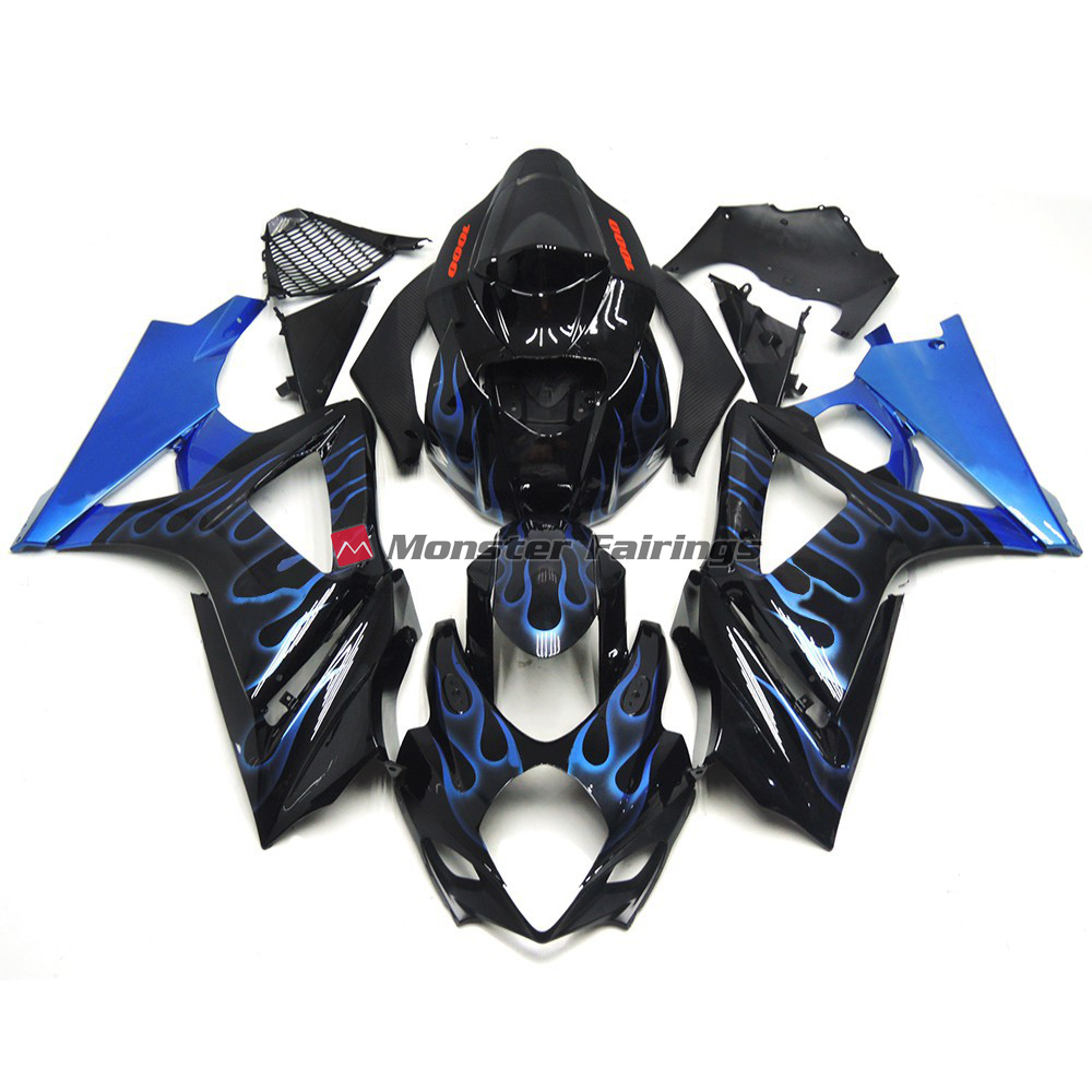 Suzuki GSXR 1000 2007 - 2008 Gloss Black with Blue Flame ABS fairings - custom motorcycle bodywork kit by Monster Fairings