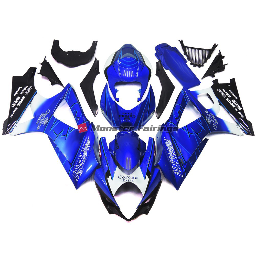 Suzuki GSXR 1000 2007 - 2008 Gloss Blue with White Corona ABS fairings - custom motorcycle bodywork kit by Monster Fairings
