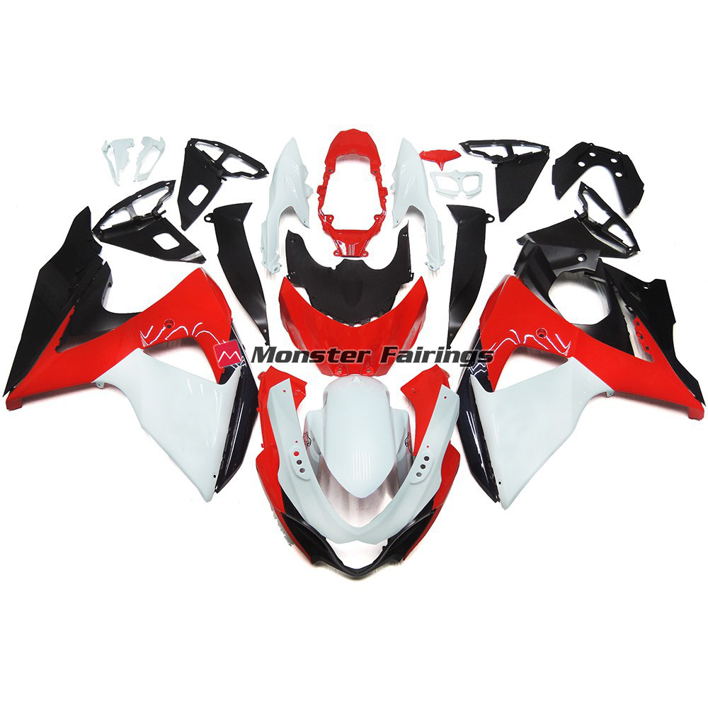 Suzuki GSXR 1000 2009 - 2016 Gloss Red with White and Black ABS fairings - custom motorcycle bodywork kit by Monster Fairings