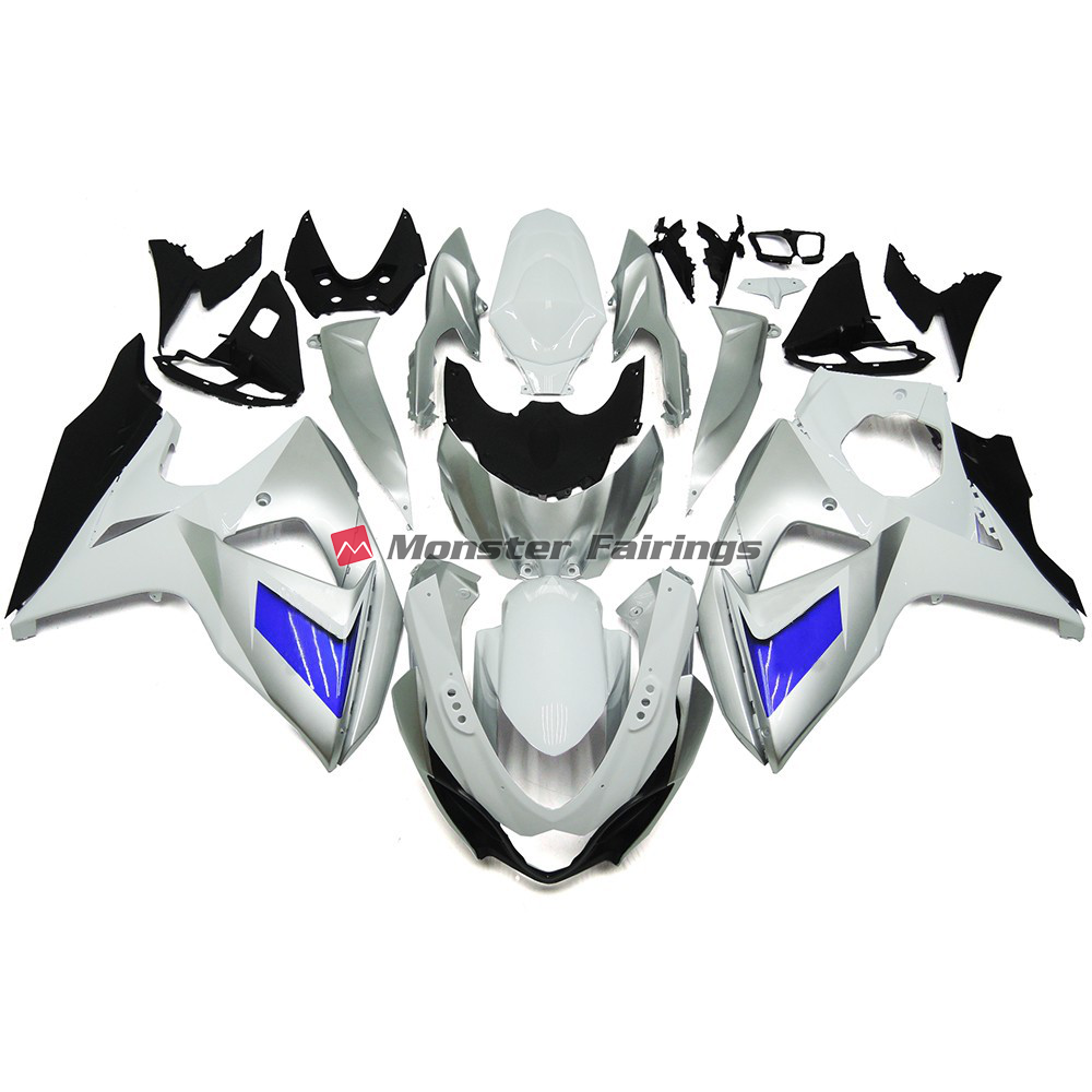 Suzuki GSXR 1000 2009 - 2016 Custom Silver and White with Black ABS fairings - custom motorcycle bodywork kit by Monster Fairings